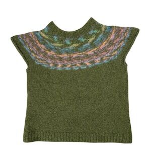 Handmade Wool Knit Fair Isle Sweater Vest Olive Green Yoke Pattern Dark Academia